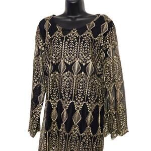 Reba McEntire Women Tunic Top Black Mesh Gold Embroidered Sheer Lace Sz XL
